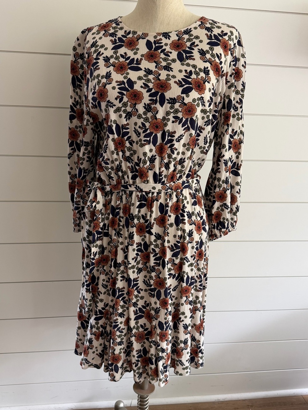 bobeau Cream Dress with Rust Floral Print and Navy Leaves